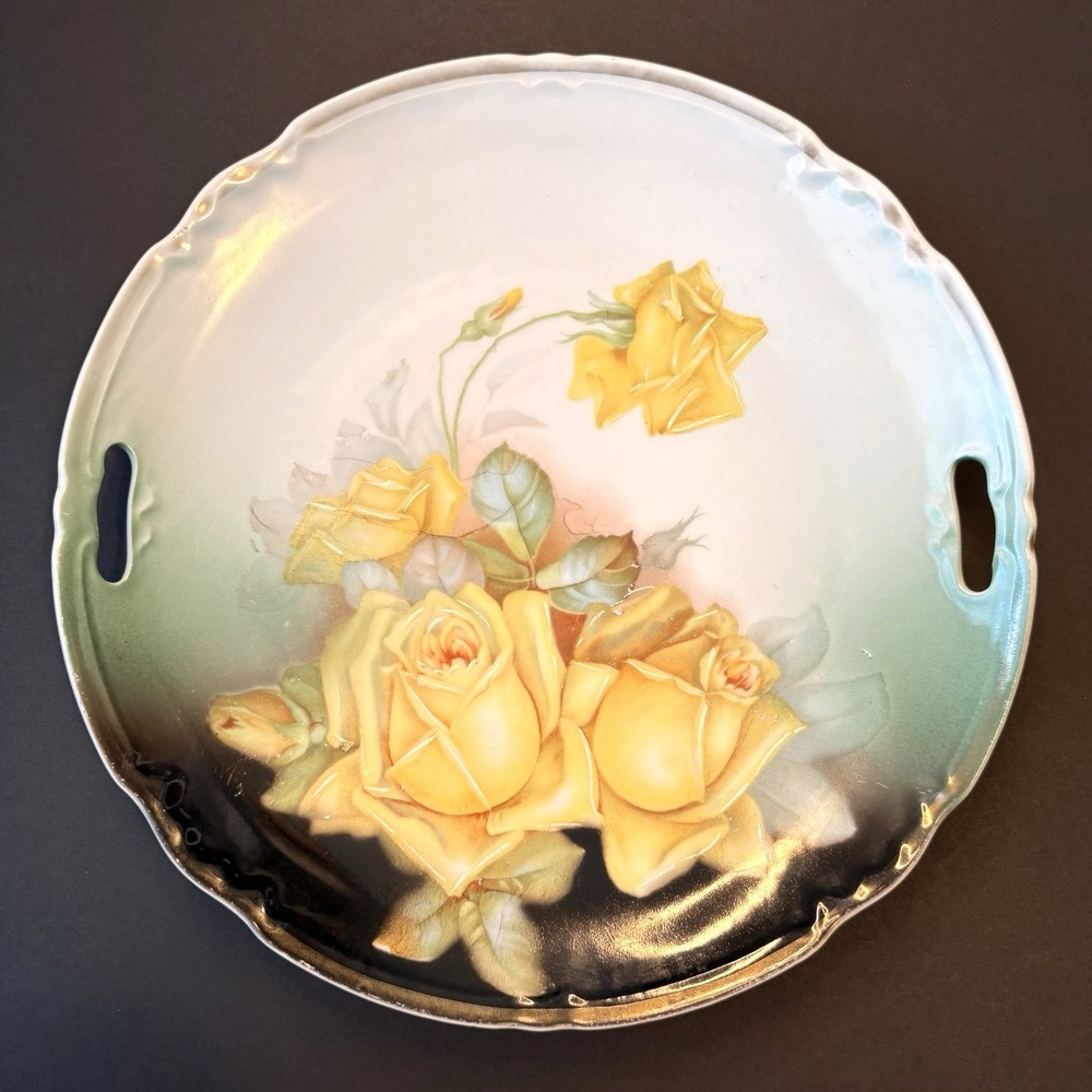 Vintage Germany Yellow Roses Floral Cake Plate‎ Gold Trim Handles 10.5"
